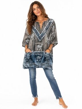 Gypsy Rose Camel Print Tunic Caftan Top Gray Blue Boho Pockets Handmade
